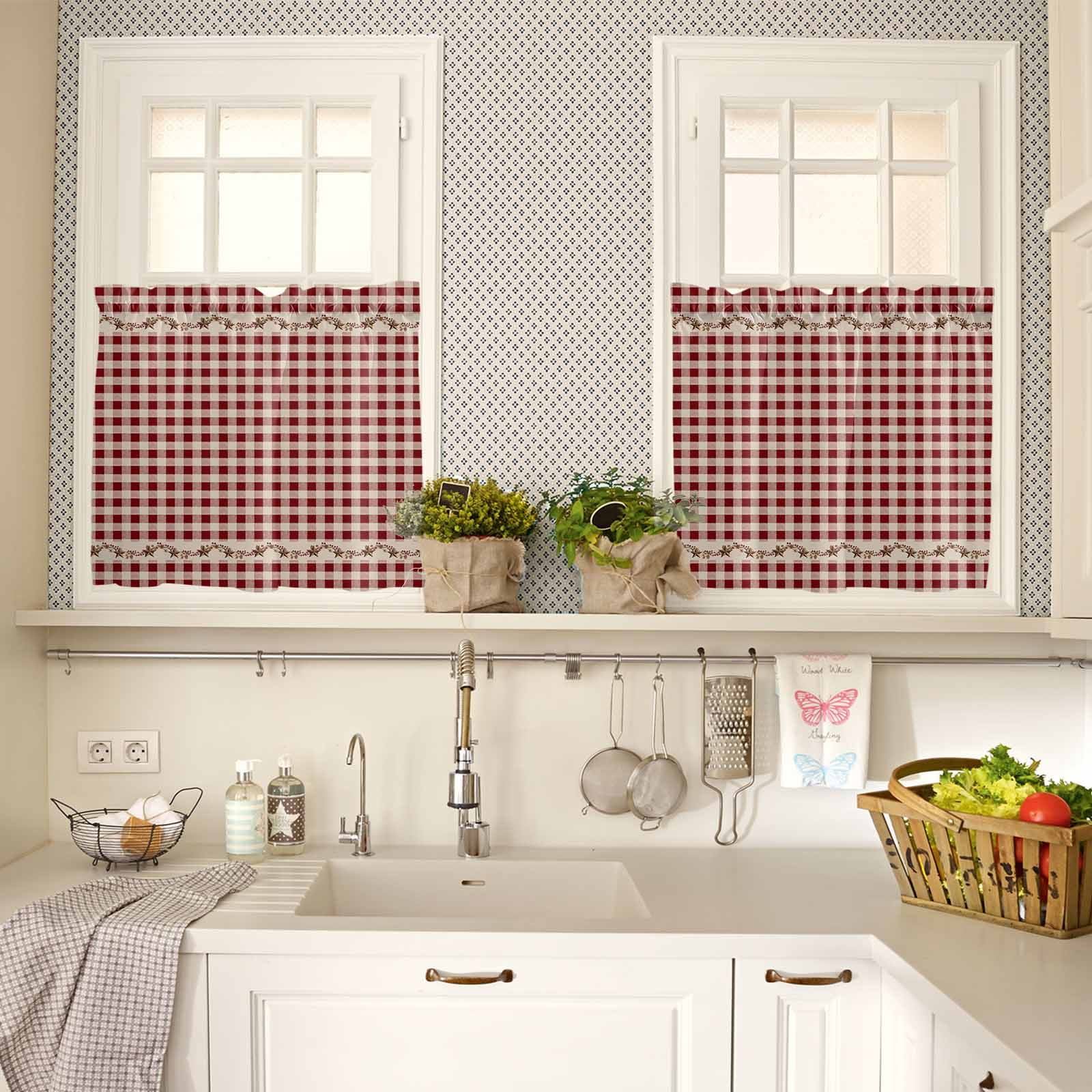 Country Red Buffalo Plaid Kitchen Curtains Valance and Tier Set Retro Star Berries Vine Linen Texture Short Curtains for Small Window 3 Pieces Set for Bedroom Bathroom Cafe (54" x 18"+27" x 36")