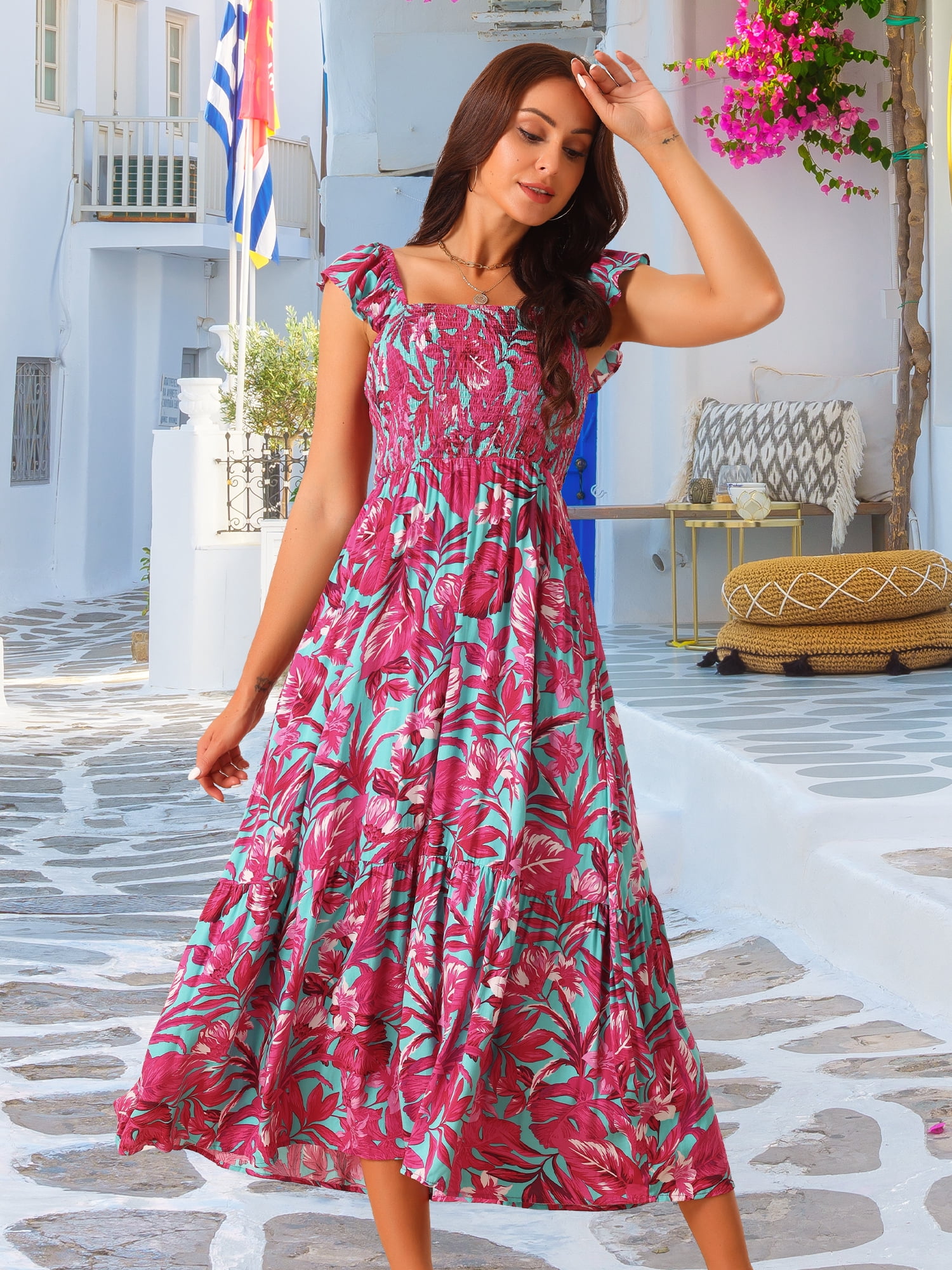 DARING DIVA Women's Floral Square Neck Ruffle Cap Sleeve Maxi Dresses S Hot Pink