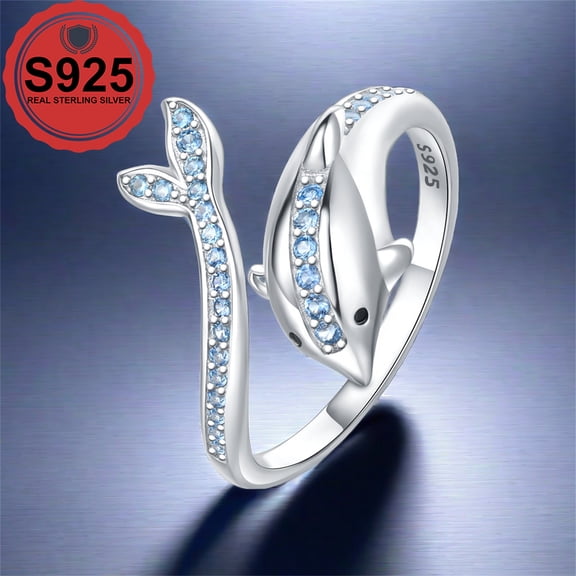 [2.87g 925Silver Blue Dolphin Ring] 1pc 2.87g 925Silver Blue Dolphin Ring Open Mouth Ring Adjustable Size Hypoallergenic Minimalist Fashionable Ring for Women,Silver