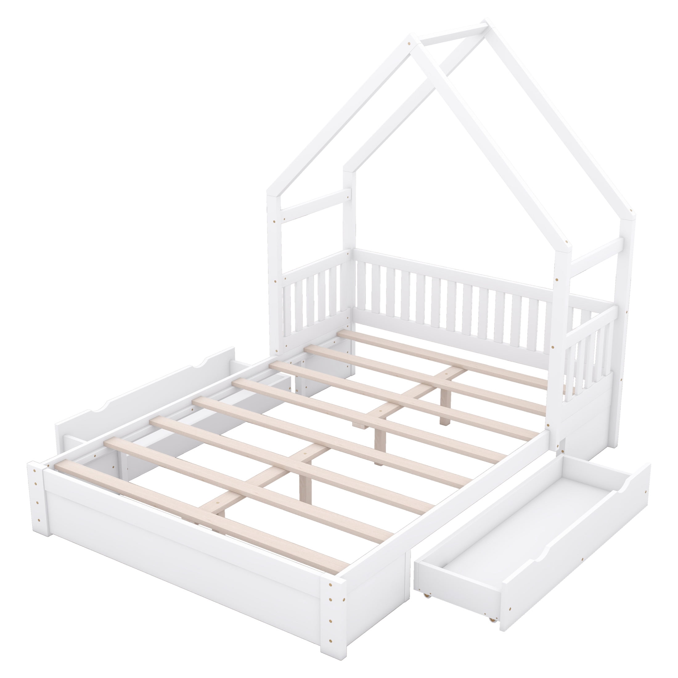 Noble House Nira Queen Size House-Shaped Platform Bed, Solid Pine Wood Bed with Storage Drawers, Space Saving, White