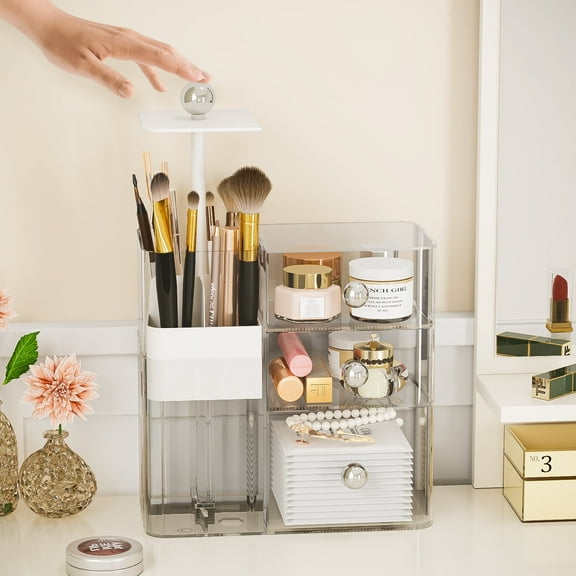 Garmic Makeup Organizer with 3 Drawers for Vanity, 4 Slot Brush Holder with One Touch Rise Spacious Cosmetic Lipstick Skincare Storage for Dresser Vanity and Bathroom Countertop, White