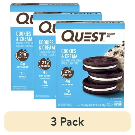 (3 pack) Quest Protein Bar, Cookies & Cream, 21g Protein, Gluten Free, 4 Count