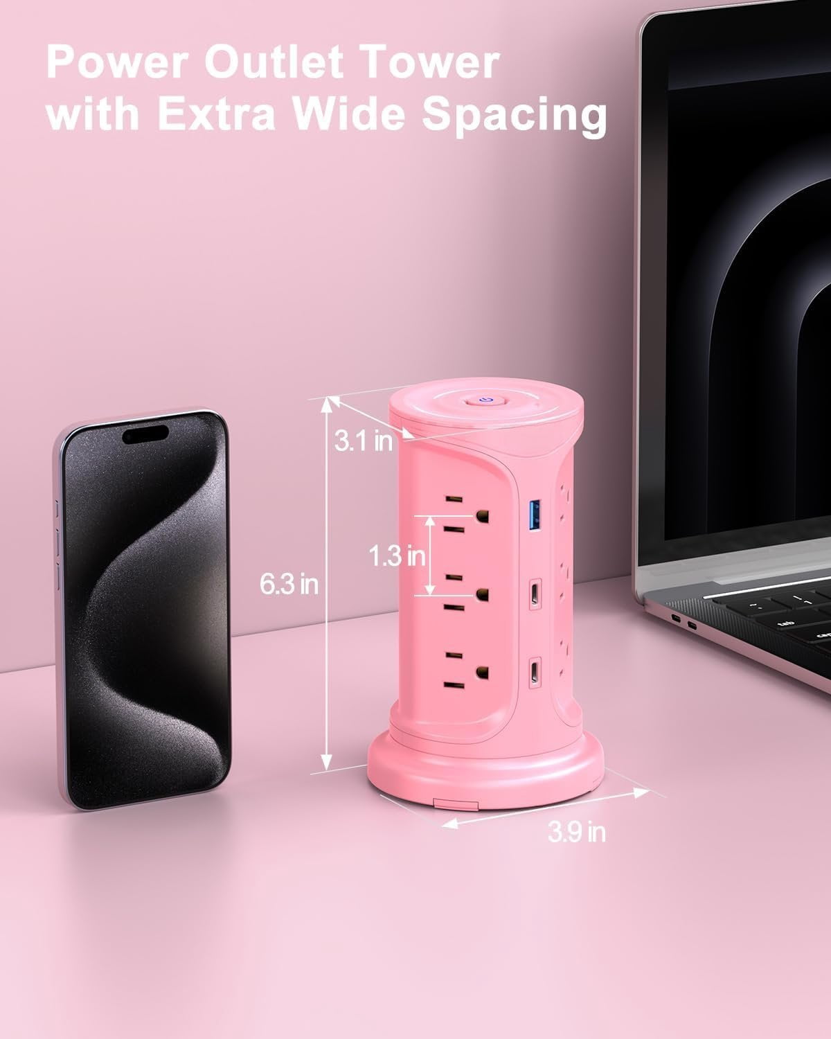 Tower Power Strip Surge Protector with 12 Outlets 3 USB Ports(2 Type C), 6.5 FT Ultra Flat Extension Cord with Multiple Outlets, Flat Plug Outlet Extender with Screw Wall Mount for  Office Dorm