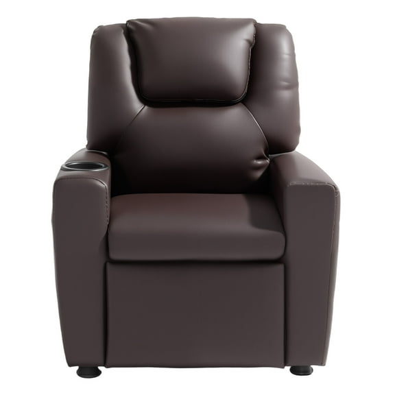 KFFKFF Children's Reclining Chair , Kids PU Leather Chair with Adjustable Backrest, Cup Holder and Footrest, Supports Up to 90 lbs (Brown)