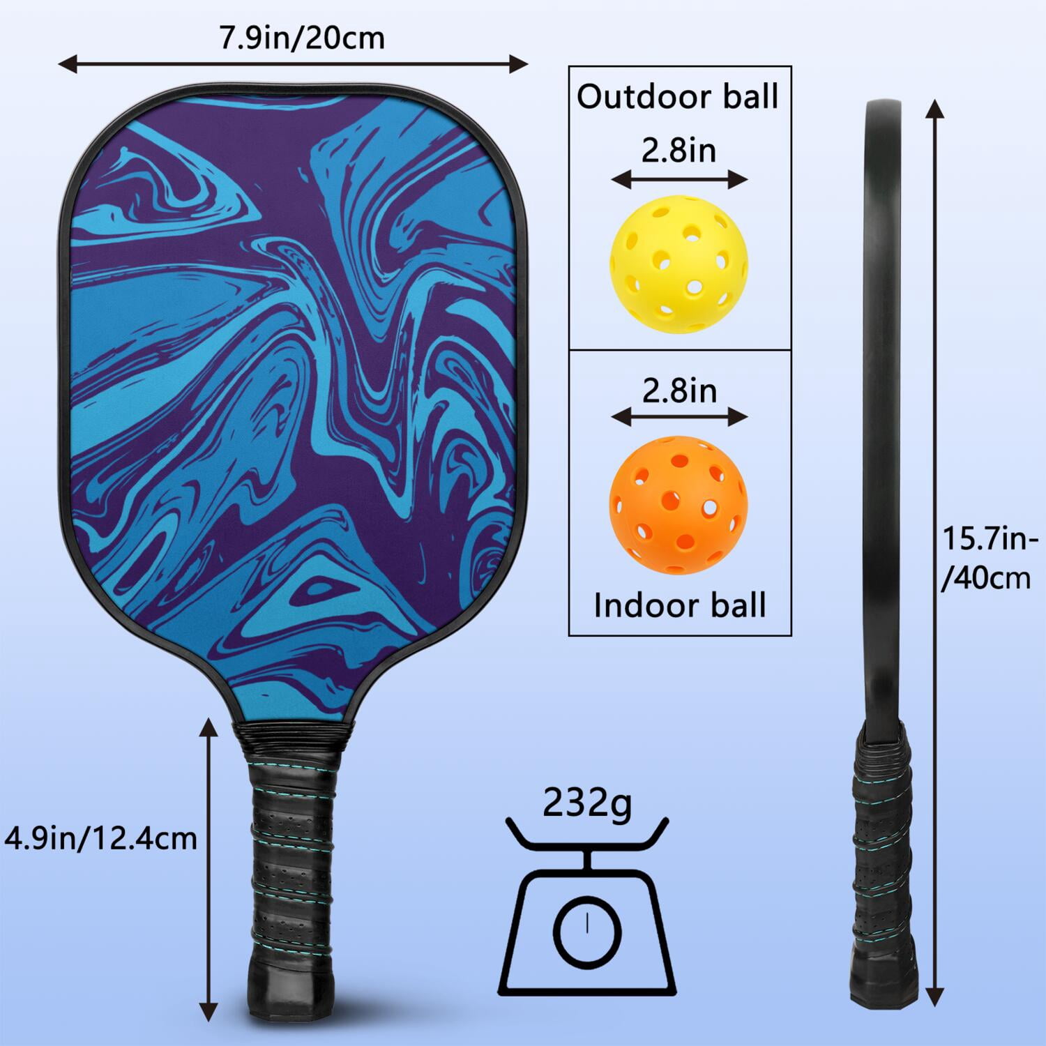 Pickleball Paddles Set Of 1, Fiberglass Surface, Liquid & Marble Print, 1 Paddles, 2 Balls & Bag