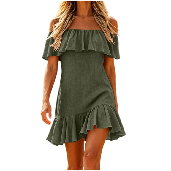 XUNKUSGA Summer Dresses for Women Fashion Off Shoulder Ruffle Neck Mini Beach Dress Classic Solid Color Slim Fit Ruffle Hem Sun Dresses Women,Green,S