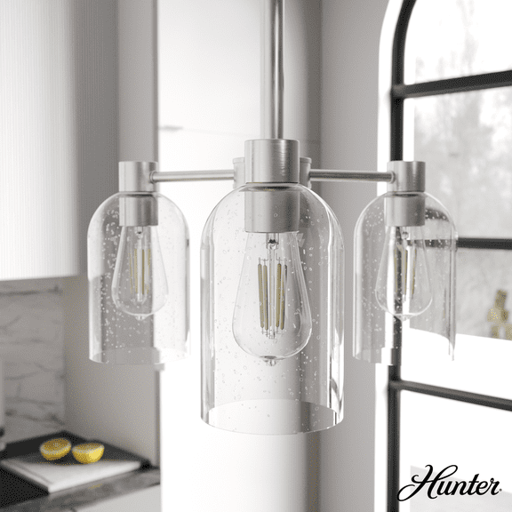 Hunter - Lochemeade 3-light Brushed Nickel, Medium Size Chandelier, Dimmable, Modern Style, Candle Shaped, for Bedrooms, Kitchens, Dining, Living Rooms - 19706