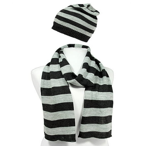 Hat &; Scarf Set - Knitted Stripes Set – HTSF-TO103BKGY – BLACK / GRAY