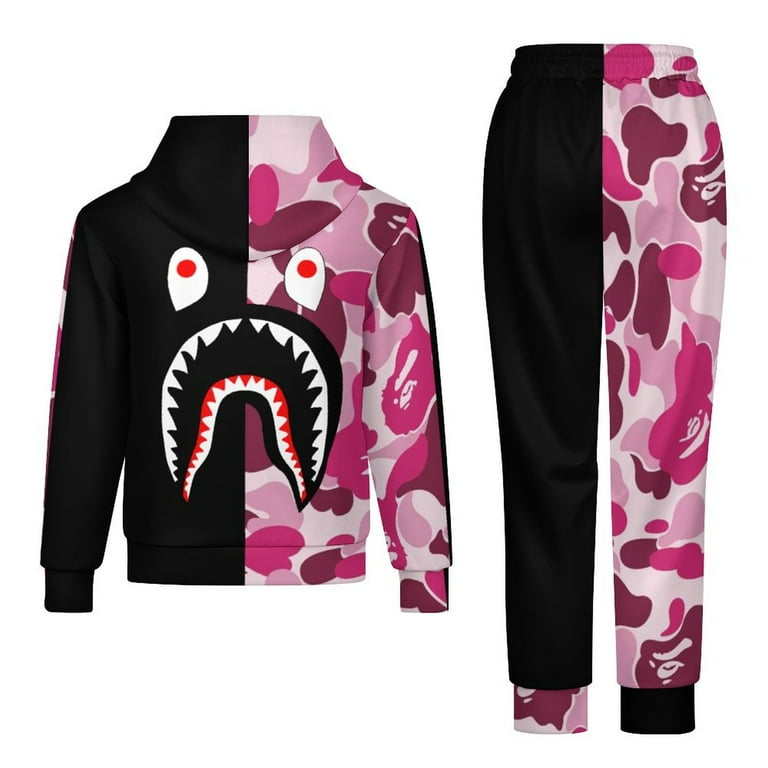Bape Shark Camo Tracksuit Pullover Hoodie And Sweatpants 2 Pieces Sweatsuit Jogging Pants Set for Boys Girls