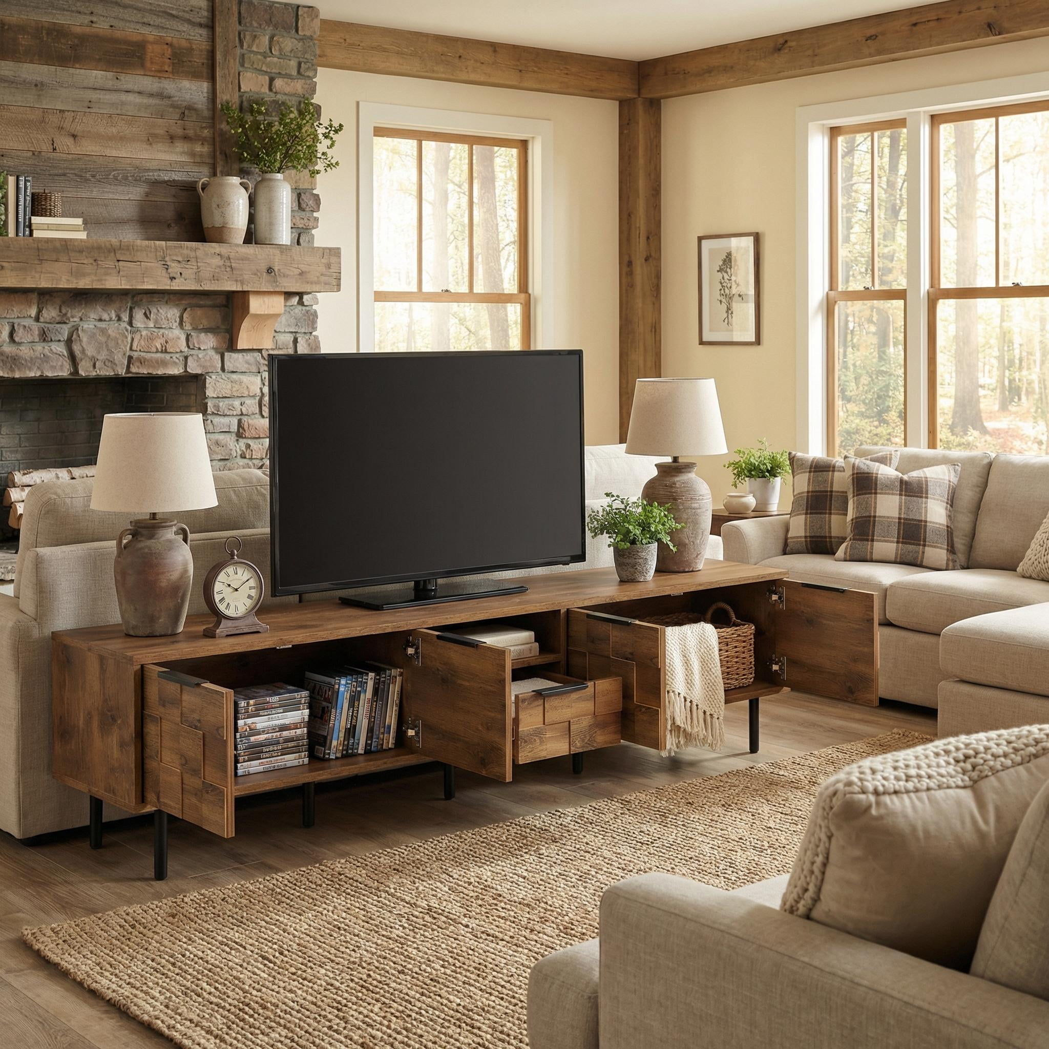 Homy Casa 78" TV Stand for 75 Inch TV with Storage Cabinets and Shelves, Rustic Wood Media Console