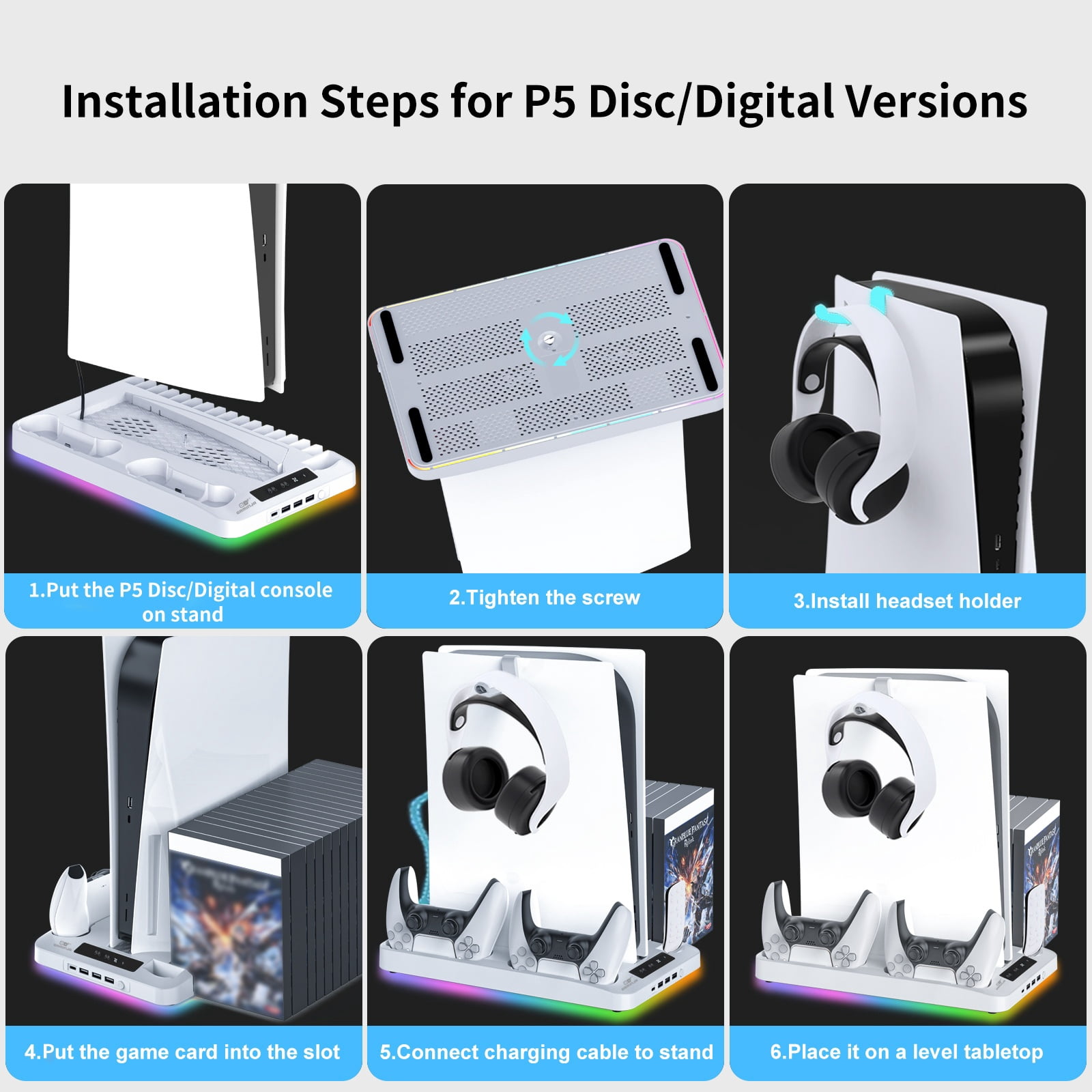 GAMINJA PS5 Cooling Stand with Dual PS5 Controller Charger Dock, PS5 Accessories PS5 Cooling Station for PlayStation 5 Disc/PS5 Digital/PS5 Slim Disc/PS5 Slim Digital/PS5 Pro Disc/PS5 Pro Digital