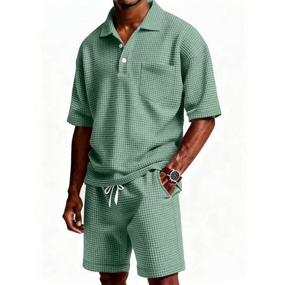 Mens Summer Outfits 1/4 Button Down Waffle Short Sleeve Golf Polo Shirt and Shorts 2 Piece Textured Set for Beach Vocation