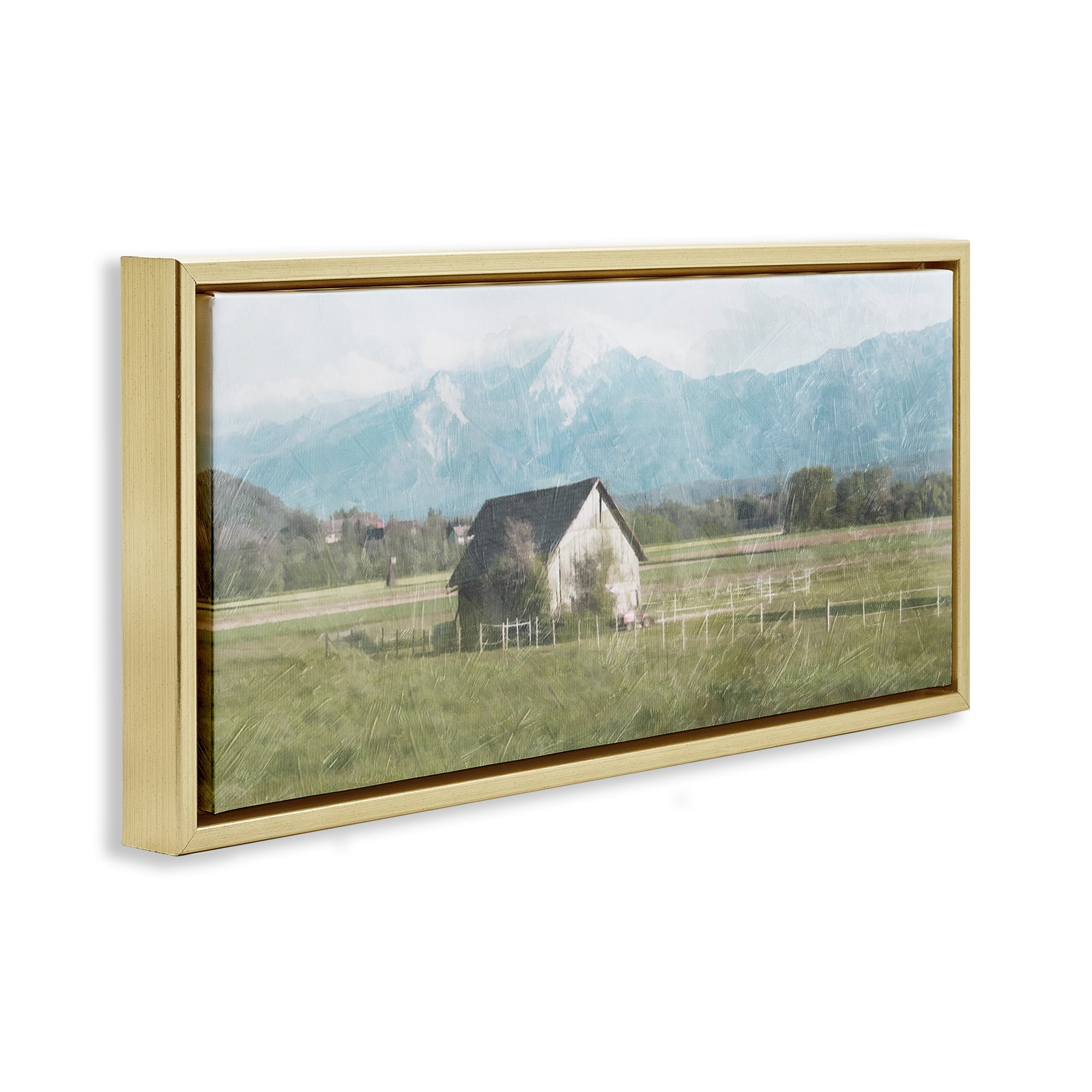 Stupell Industries Rustic Barn & Tractor Landscape & Nature Painting Gold Floater Framed Canvas Art Print Wall Art, 25 x 11