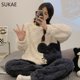 thumbnail image 3 of SUKAE HQ-Conjunto de Pijamas térmicos de terciopelo grueso chino para mujer, ropa de dormir de manga larga, oso rosa, Preppy, coreano, Invierno, 3 of 5