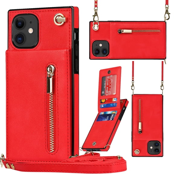 Crossbody Wallet Case for iPhone 11 with Card Holders RFID Shockproof Cover, Back Magnetic Flip Kickstand Zipper Slot Case, PU Leather Cover Handbag Shoulder Strap Phone Case,Red