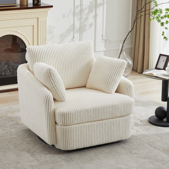 Oversized Swivel Accent Chair with 360 Degree Rotation and 2 Throw Pillows, Modern Round Cozy Club Chair for Living Room Bedroom Lounge Hotel in Ivory Corduroy Fabric