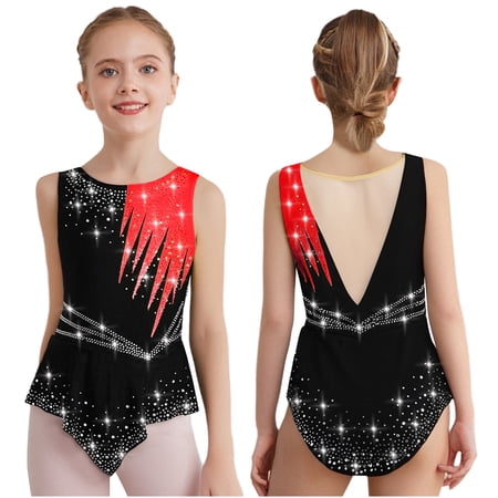 Aislor Girls Shiny Rhinestone Figure Ice Skating Rhythmic Gymnastics Skirted Leotard Dress Red 6