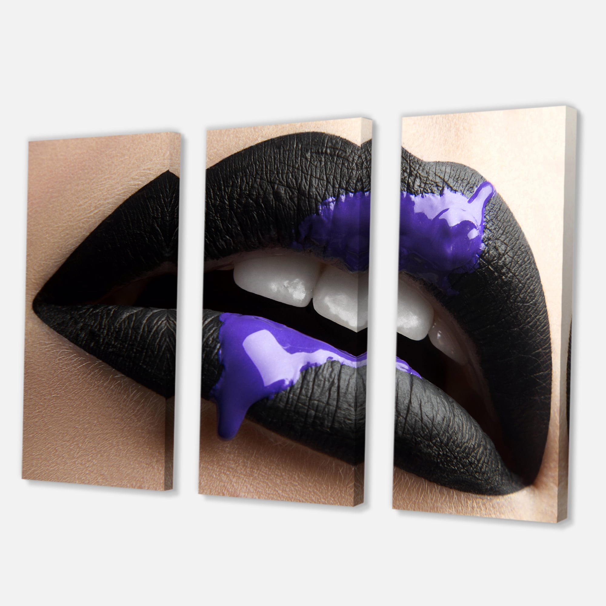 Designart ' Woman Lips With Black Lipstick & Purple Paint ' Modern Canvas Wall Art Print