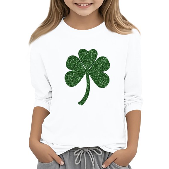 YOUYEDIAN Girls St. Patrick's Day 3/4 Sleeve Shirts Holiday Casual Cute Funny Irish Shamrock Clover Print T Shirts Festival Comfy Soft Tops (Blue, 4-5 Years)