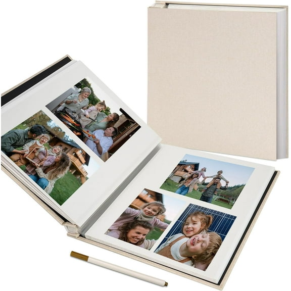 Self Adhesive Photo Album for 4x6 5x7 8x10 Pictures, Scrapbook with 40 Sticky Pages and Metallic Pen, Linen Cover DIY Memory Book, Beige