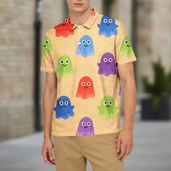 Men Cartoon Ghost Full Print Lapel Short Sleeve Polo Soft Polyester Tee for Halloween Outdoor Business Casual Summer Tops Multicolor L