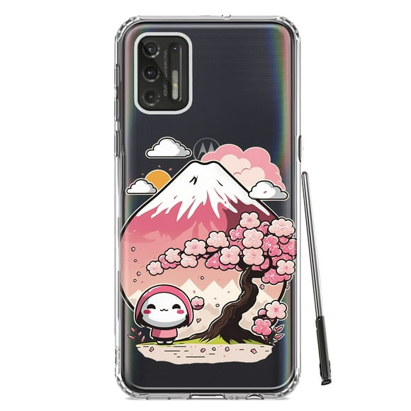 MUNDAZE Motorola Moto G Stylus 2021 Shockproof Clear Hybrid Protective Phone Case Kawaii Manga Pink Cherry Blossom Fuji Mountain Mochi Girl Cover