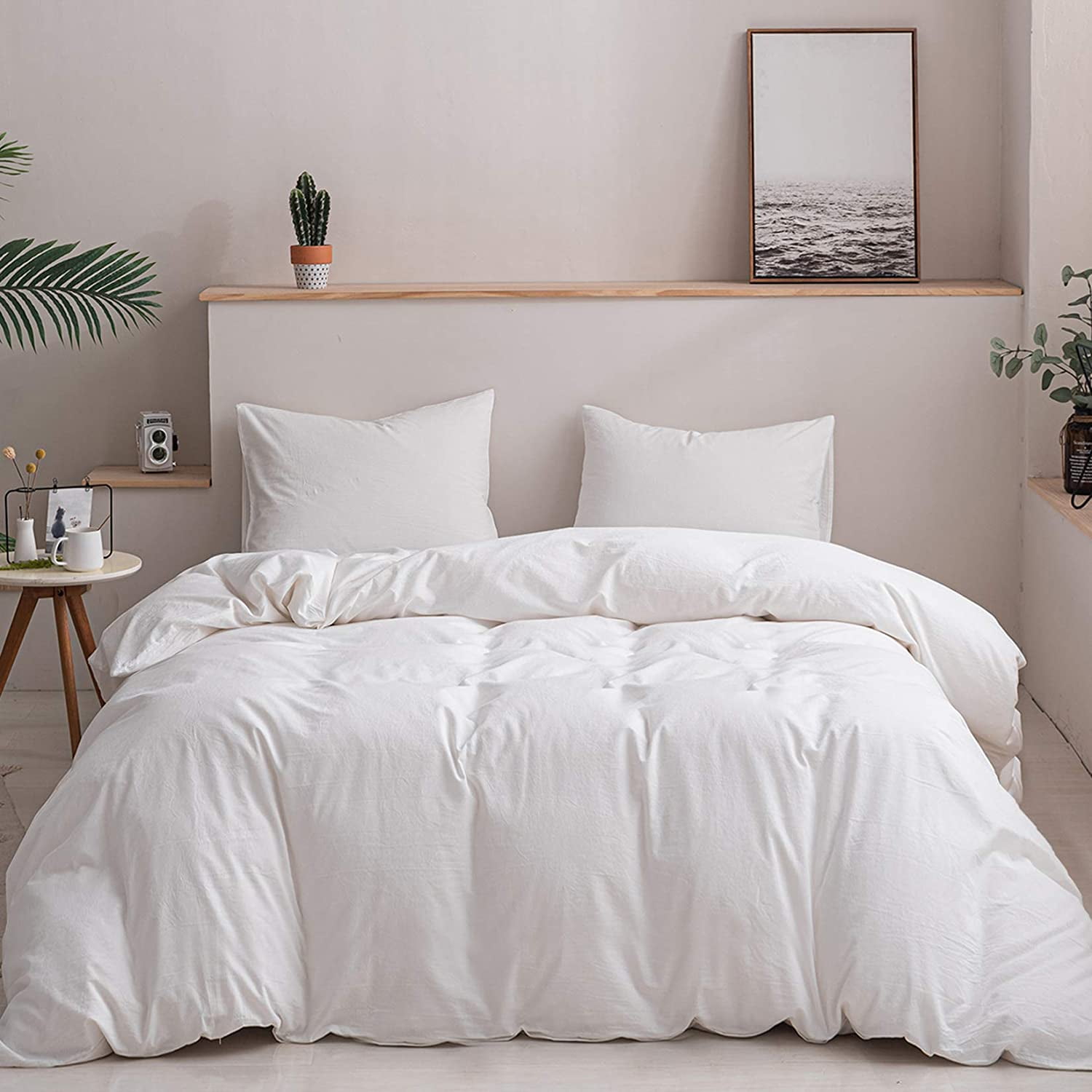 EWAYBY 3Piece 100 Washed Cotton Duvet Cover and Sham Set(Queen, White