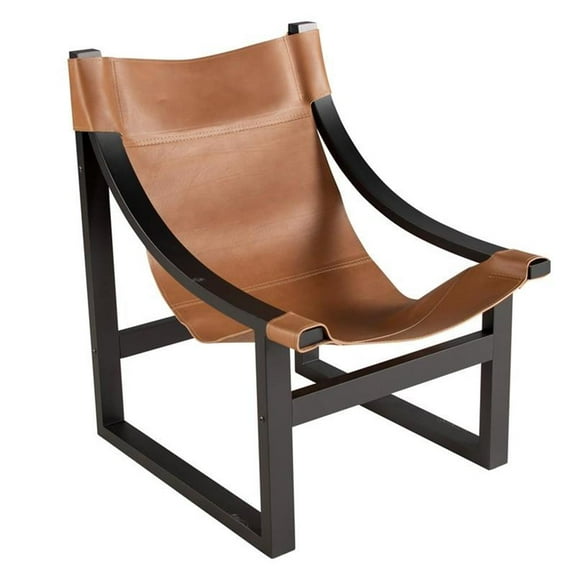 Bowery Hill Natural Top Grain Leather Sling Chair with Solid Wood Frame in Black