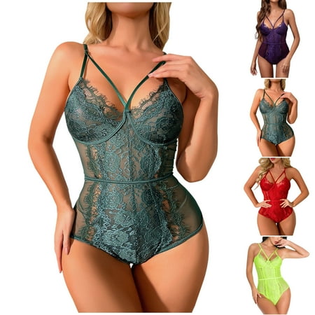 Elainilye Fashion Women Lingeries Sexy Lingerie Color Mesh Hollow Sexy Lacing Strap Jumpsuit Bustier Green