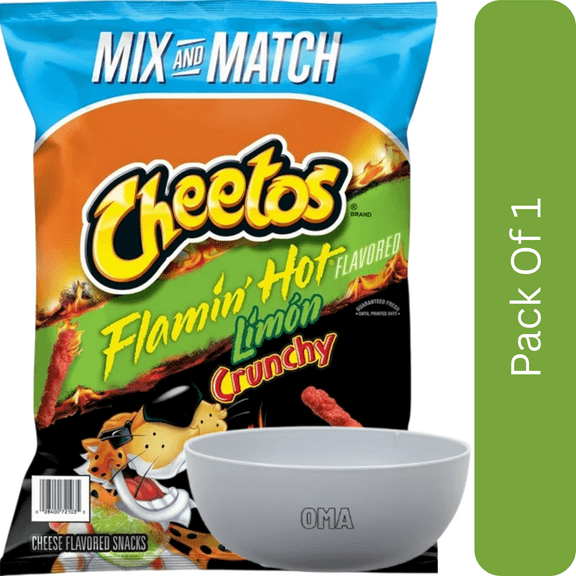 Cheetos Flamin’ Hot Limon Crunchy Cheese Flavored Snacks, 17.375 oz Bag-With Olive White Bowl By OMA