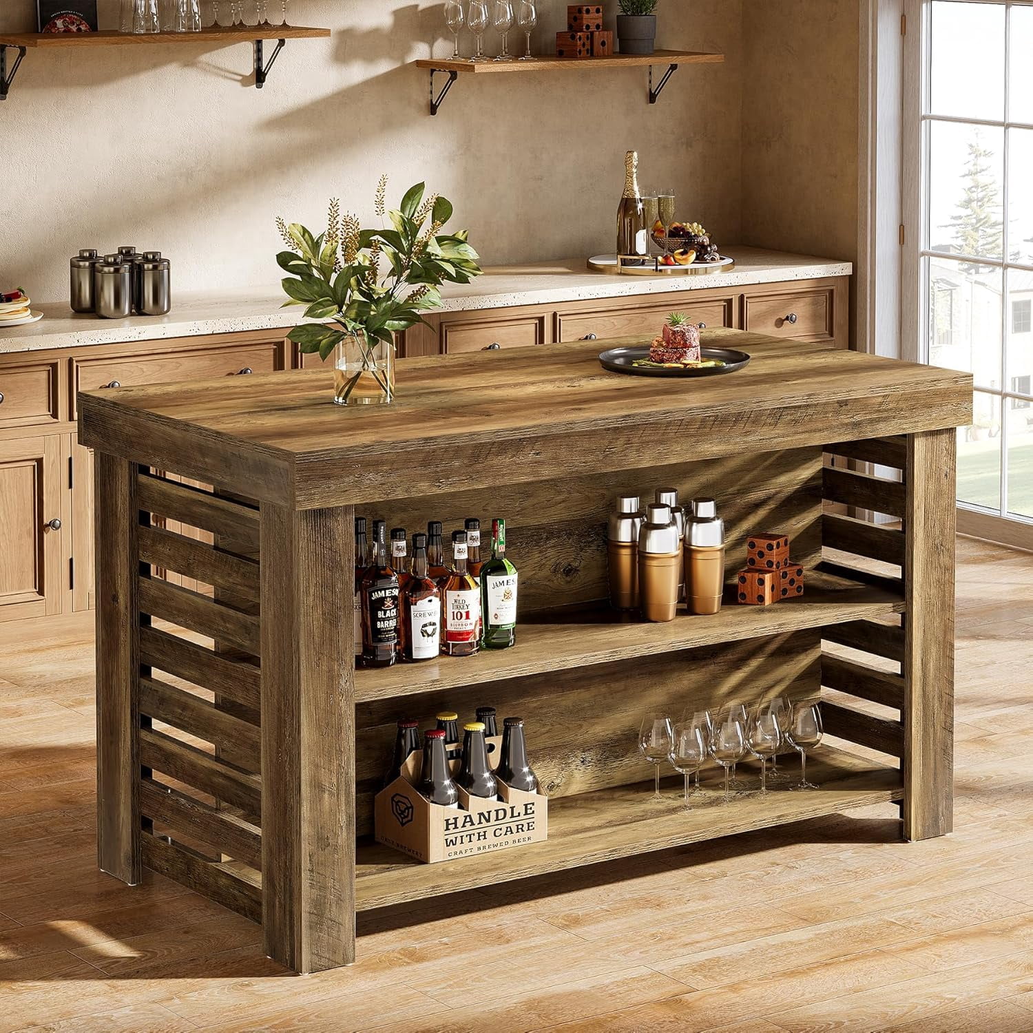 Finmind 55" Kitchen Island with Seating and Storage, 3-Tier Farmhouse Wood Coffee Bar Table for Kitchen, Dark Brown