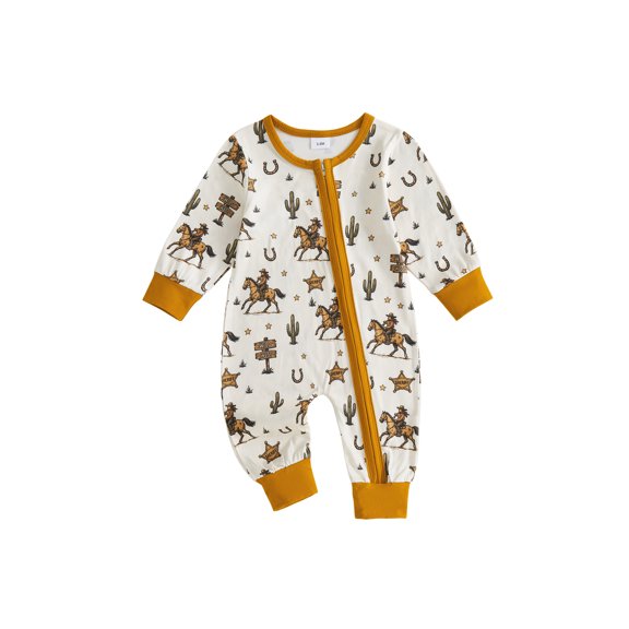 Cjfdfy Newborn Baby Boy Girl Western Fall Clothes Cowgirl Cactus Horse Print Long Sleeve Side Zipper Romper Infant Cute Farm Fall Winter Outfit 0-18 Months