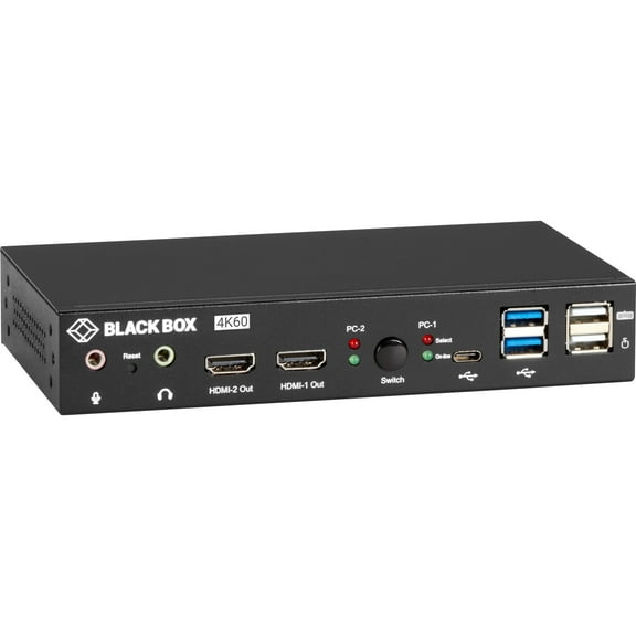 Black Box KVM Switch, UHD 4K, Dual-Monitor, HDMI/DisplayPort, USB 3.2 Gen 1, USB Type C, Audio, 2-Port