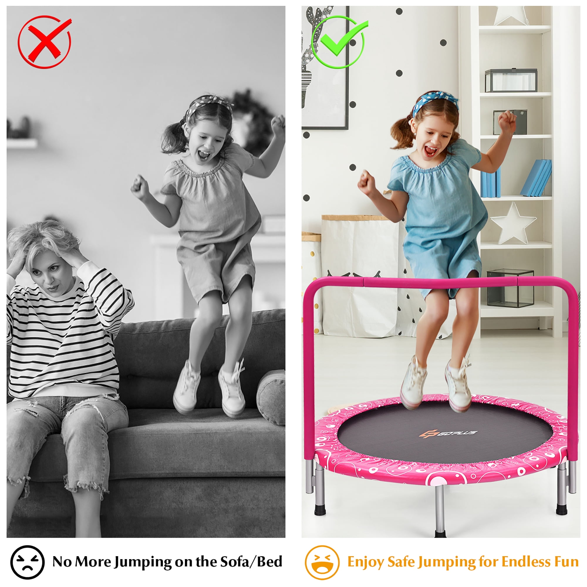 Costway Kids Trampoline Rebounder, Pink, 27.5'' x 12.5'' x 3"