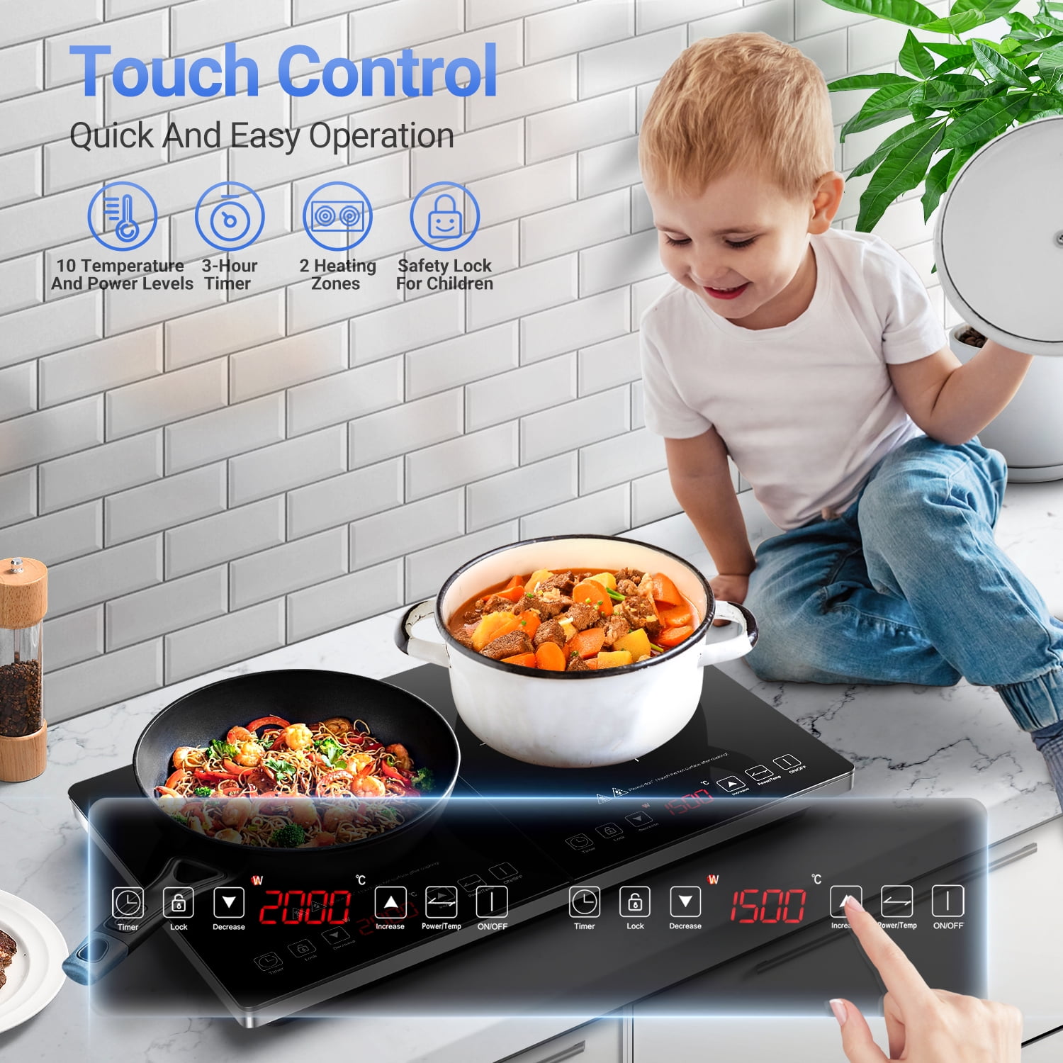 Sunmaki Portable Double Induction Cooktop, 1800W Electric Countertop Stoves with Sensor Touch for Cooking