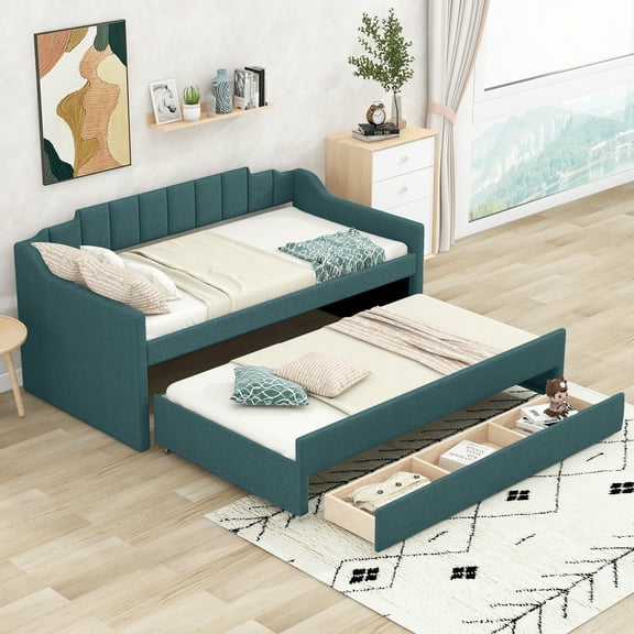 Twin Size Upholstered Daybed With Trundle And Three Drawers,Green