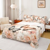 Homewish Flying Butterflies 4 Pieces Queen Sheet Sets For Female Teens Adults,Floral Blossoms Ultra Soft Flat Sheet,Spring Garden Queen Fitted Sheet,Super Cozy Room Decor