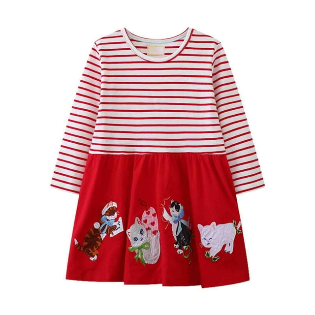 MIASHUI Robe Fleurie à Manches Longues pour Filles, Robes Décontractées pour Tout-Petits, Rouge, 5-6 Ans