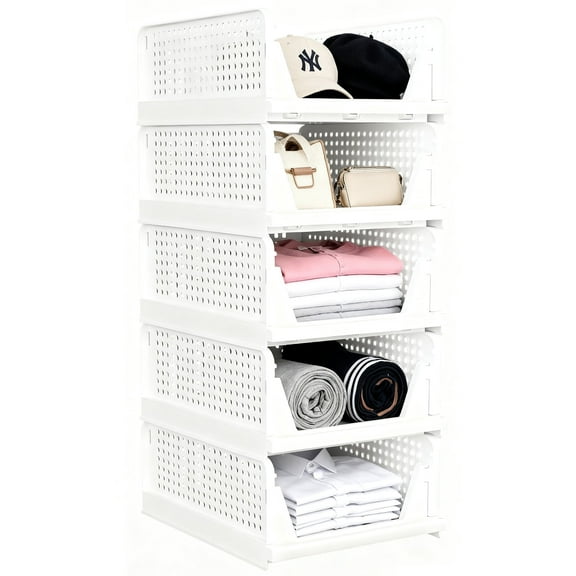 KEMEINILI Stackable Closet Storage Basket - 5 Pack Stackable Storage Bins, Multifunctional & Foldable Closet Organizer, Wardrobe Cupboard Space-Saving Hat Storage Drawer Organizer, White