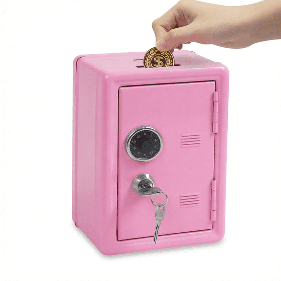 Zeling Kids Metal Money Bank with Key Lock, Small Lock Box Safe for Coins Cash Jewelry and Personal Items, Pink