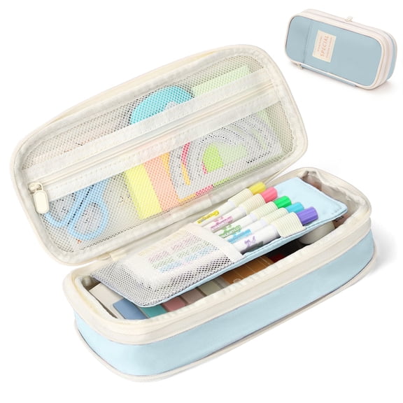 Rirool Large Capacity Pencil Case, Expandable Pencil Pouch Big Pen Bag for School Supplies with Zipper, Deformable Organizer for Teen Girls Boys, Blue