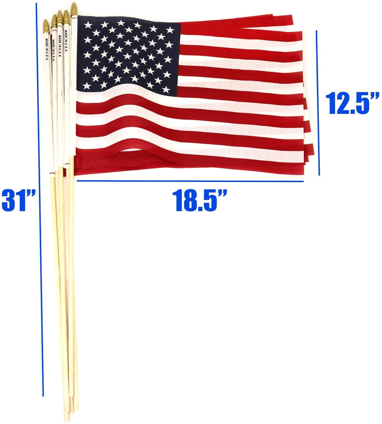 GiftExpress 12-Pack 12x18 Inch American Flag Proudly Made in U.S.A. Handheld US Stick Flags with Spear Gold Tip, Pole Hem Stitched Made in U.S.A American Stick Flags