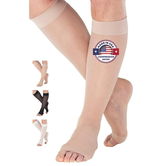 Made in USA - Womens Open Toe Sheer Compression Knee High 15-20mmHg Nude, Large