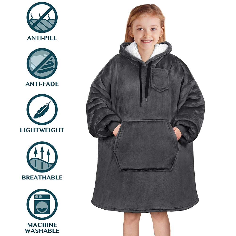 PAVILIA Wearable Blanket Sweatshirt for Kids Boy Girl Dark Grey Charcoal, Warm Cozy Giant Blanket Hoodie, Fleece Sherpa Oversized Blanket Sweatshirt with Sleeves, Big Pocket, Christmas Gift
