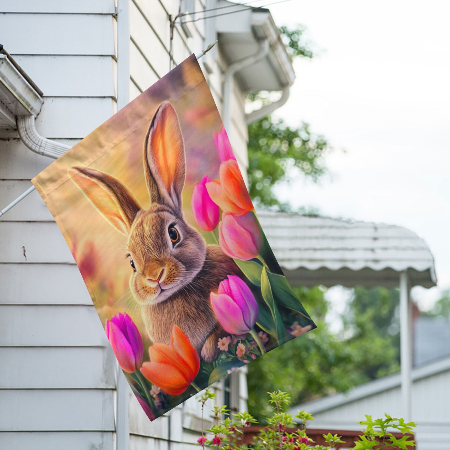 America Forever Spring Bunny House Flag, 28 x 40 inch Double Sided, Cute Rabbit Tulip Flowers Easter Spring Seasonal Outdoor Decorations Yard Flag