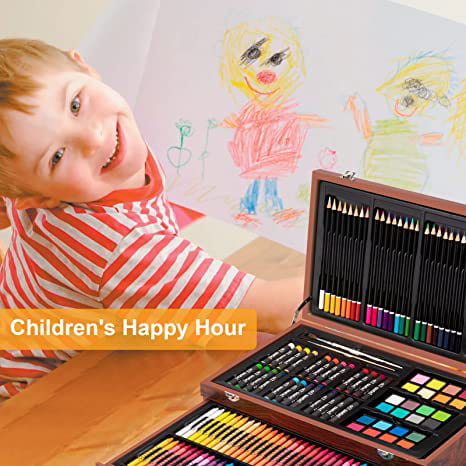 WALNUTA 123 Pcs Art Set in Wooden Case Painting Drawing Kit Crayons Oil  Pastels Colored Pencils Markers Brushes Acrylic Paints