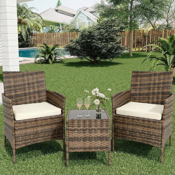 3 Pieces Rattan Conversation Set, Wicker Outdoor Patio Furniture Set with Tempered Glass Table, Patio Table and Chairs Set for Backyard Lawn Porch Poolside Balcony, Gradient Brown and Beige
