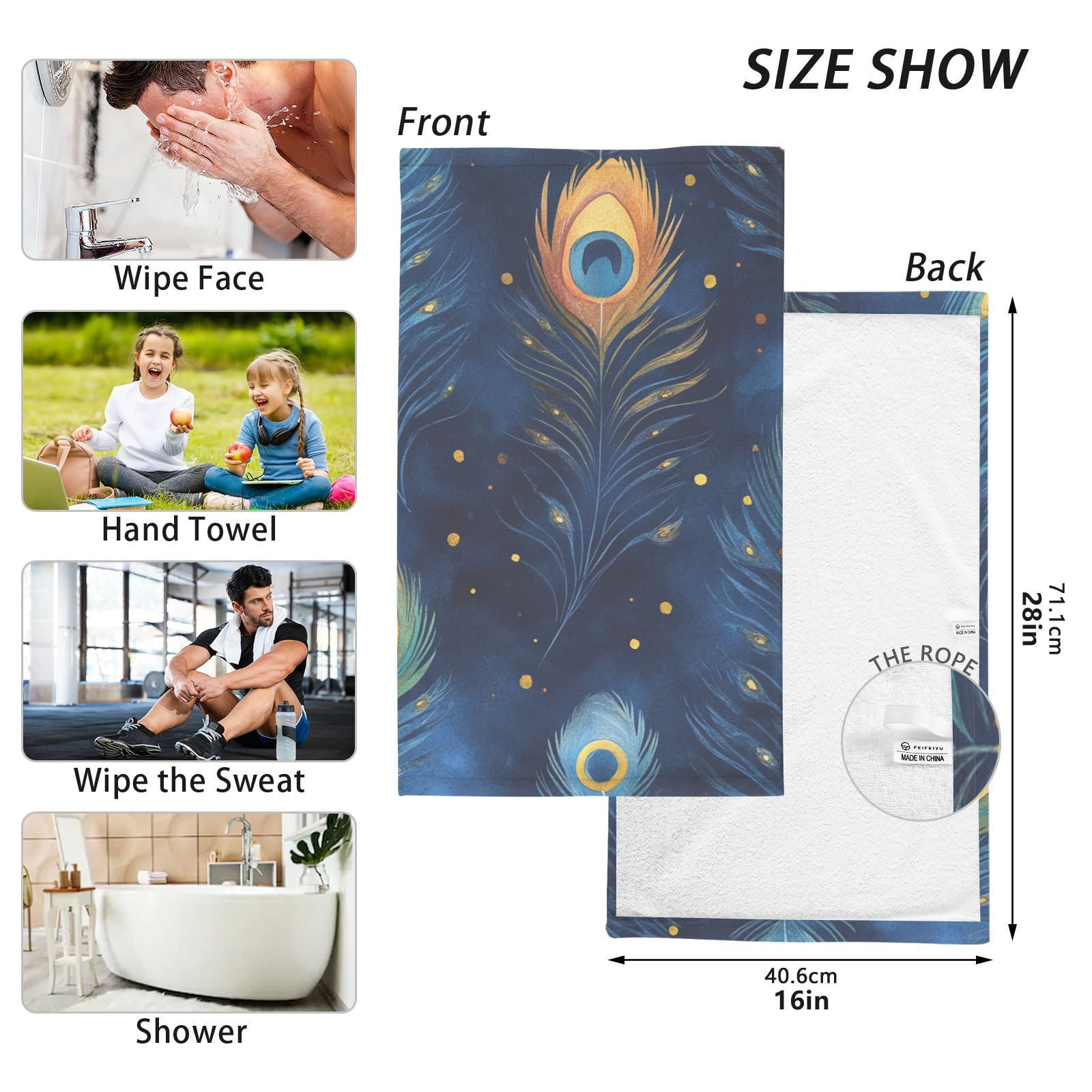 Peacock Feather Blue Hand Towels Cotton Bath Towels Large Face Towels Absorbent for Bathroom 2 Packs