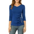 thumbnail image 2 of INSPIRE CHIC Women's Button Decor V Neck 3/4 Sleeve Solid Blouse Knitted Ruched Top, 2 of 6