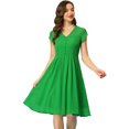 thumbnail image 1 of Vestido de gasa vintage para mujer con cuello en V y botón decorativo con mangas casquillo elegantes vestidos de oficina Verde XS, 1 of 5